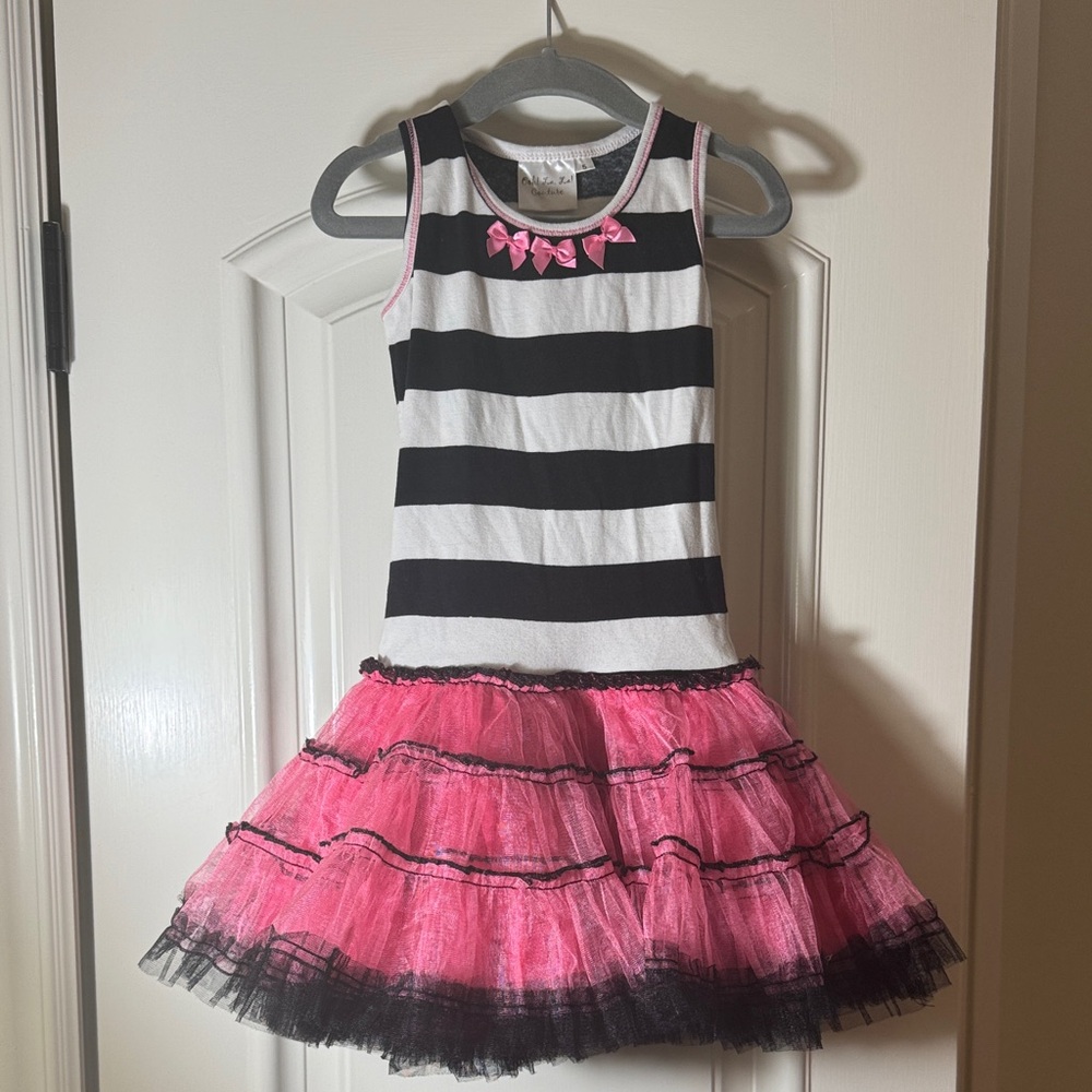 Ooh! La, La! Couture Black & White Striped Tank Dress with Pink Tulle Skirt